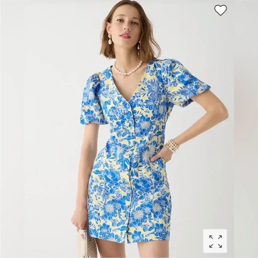 J. Crew 4 Blue Yellow Puff Sleeve Button Up Mini Dress